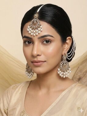 Kundan Maang Tikka & Earrings Set | Antique Gold Bridal Jewelry with Sahare